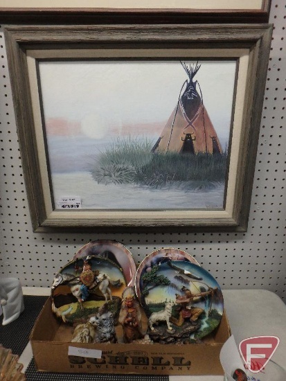 Angela tepee painting 22 x 26, assorted Native American Lee Bogle plates, figurines
