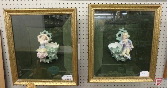 Shadow box like with green velour background wall pockets, man & lady 17 x 19 both