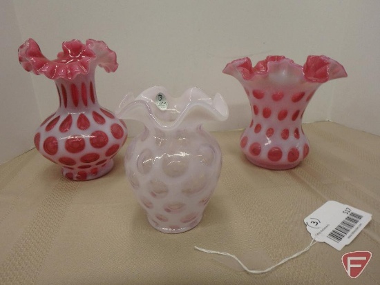 Pink Opalescent ruffled vases, light one is marked Fenton, all three