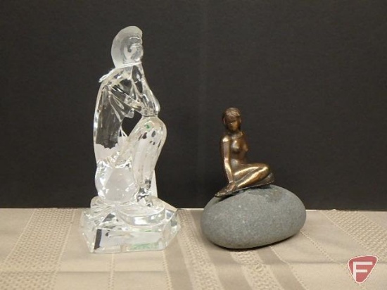 Art Deco figurines, glass one made in Italy, other one is bronze