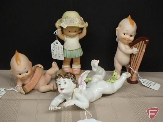 Assorted figurines, angel, Ardult Kewpie with harp & with accordion, Memories of Yesterday