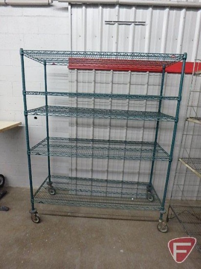 Metro coated racking/shelving on casters: (4) uprights 76inH, (5) shelves 60inX24in