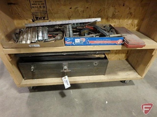 Craftsman metal tool box, light duty socket sets, trailer hitch ball, snap ring pliers, and other