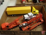 Yonezawa Toys Fuso Low Boy with crane, Ertl Shell tractor/semi truck and trailer,