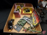 (2) tin toy guns, (3) Ertl Mighty Corps: (2) crawlers No. 1031, wheel loader No. 1032;