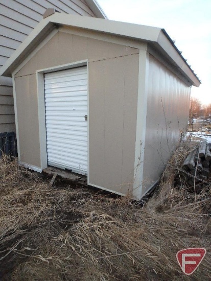 Storage shed, 12ft 1inLx119inWx9ft 9in from peak to runners