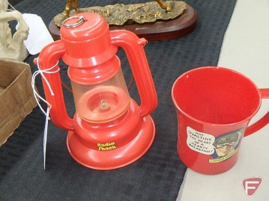 Captain Midnight advertising Ovaltine child's mug and small plastic Radio Shack lantern