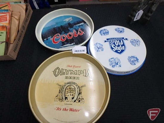 (3) metal beer advertising trays: Olympia, Coors, and Heileman's Old Style