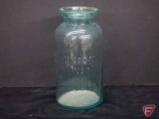 Canning/fruit jar, Union No 1, wax, quart, pale blue tint