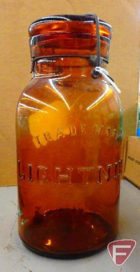 Canning/fruit jar, amber, Trade Mark Lightning, bottom marked Putnam 328