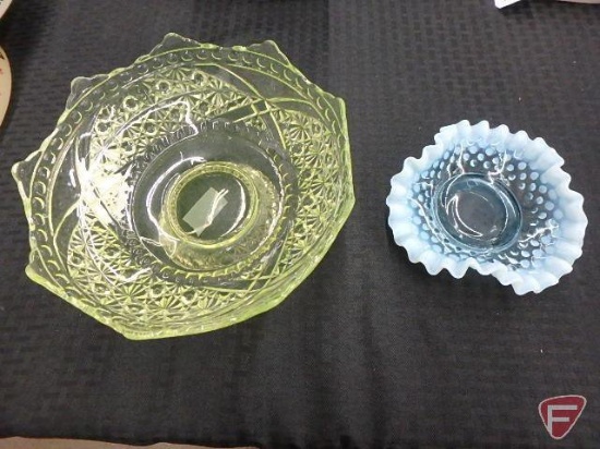 Green glass candy dish and blue hobnail glass dish