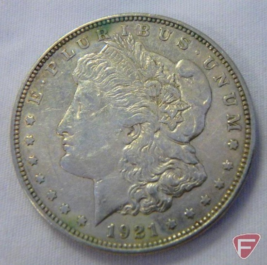 (3) 1921 D Morgan silver dollars, VF to XF