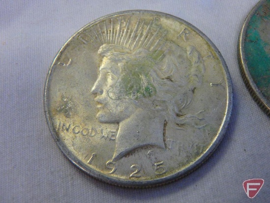 (2) 1925 Peace silver dollars, AU to uncirculated, (1) 1926 S Peace silver dollar