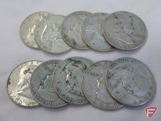 (10) Circulated various date Franklin half dollars, avg. circulated condition
