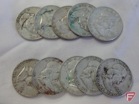 (10) Circulated various date Franklin half dollars, avg. circulated condition