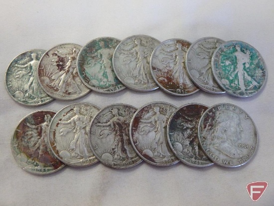 (12) Walking Liberty half dollars, (1) Franklin, most have corrosion, avg. circulated condition