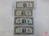 Grab bag of U.S. Notes: (7) bicentennial 2 dollar bills, exceptional uncirculated, (1) XFAU red seal