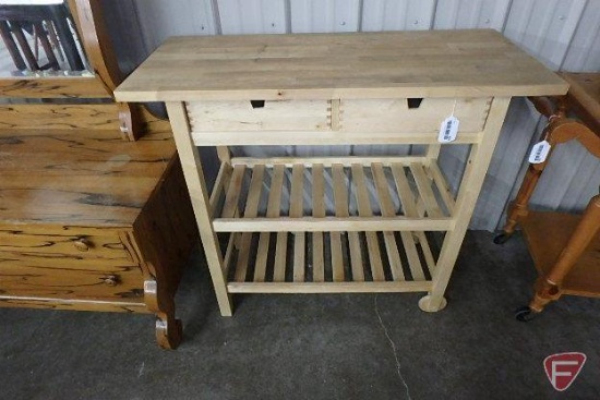 Wood utility cart, 2 wood wheels, 2 drawers, 2 shelves, 35inHx39inWx17inD