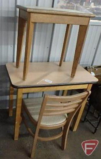 Wood table with veneer top, 30inHx36inWx20inD, wood side/end table, and wood chair with vinyl seat