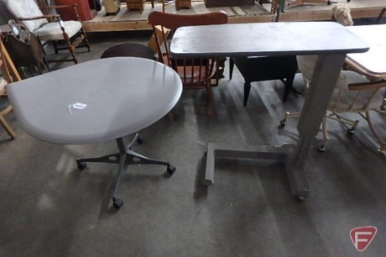 Tear-shaped molded plastic work table on wheels and Borg Warner overbed table on wheels, Both