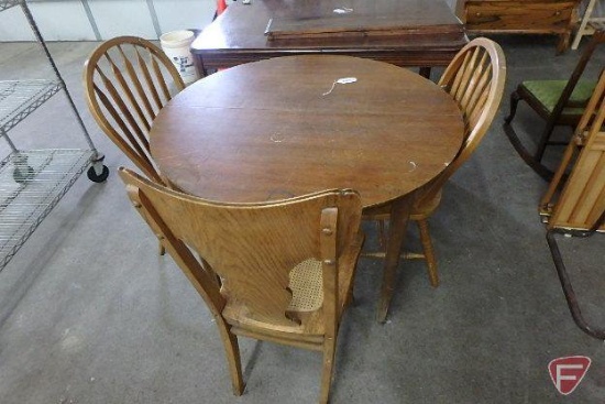 Round 42in wood table, scratches, and (3) wood chairs, not all matching, All 4 pieces