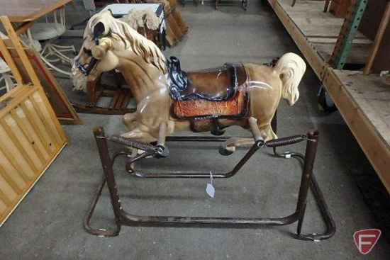 Wonder horse spring rocking horse, childs wood ironing board, and wood collapsible crib, All 3