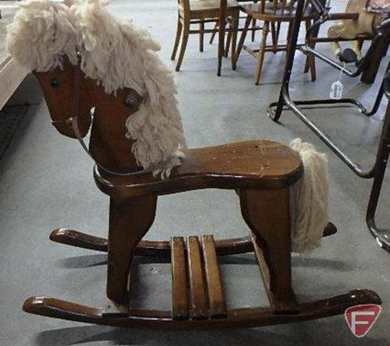 Wood rocking horse, some scratches, and childs wood/upholstered rocking chair with cushion, Both