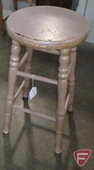 Vintage wood chair, upholstered metal spring seat, nailhead trim on back, some stains on fabric, and