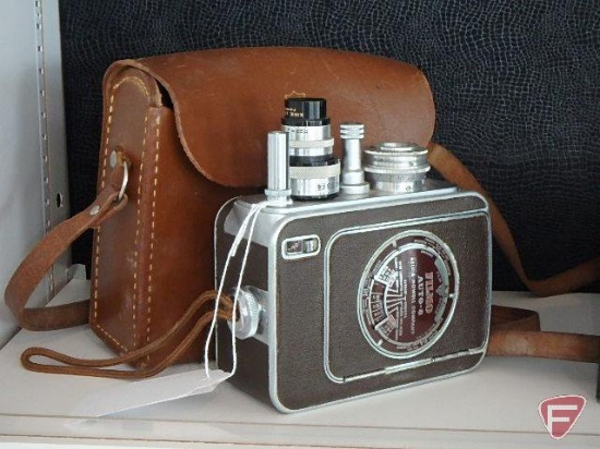 Vintage cameras, Bell and Howell Filmo Auto-8 camera with case,