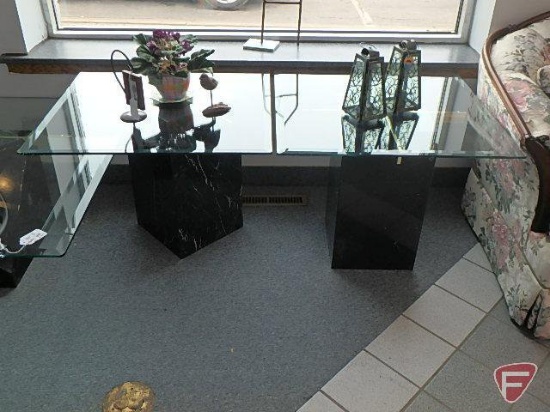 (2) end tables 22inHx28inx28in and (1) coffee table 16inHx39inx39in, glass top,