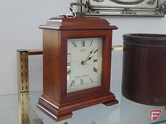Seiko mantle clock, chimes, battery operated, and brown crock with some chips, Both