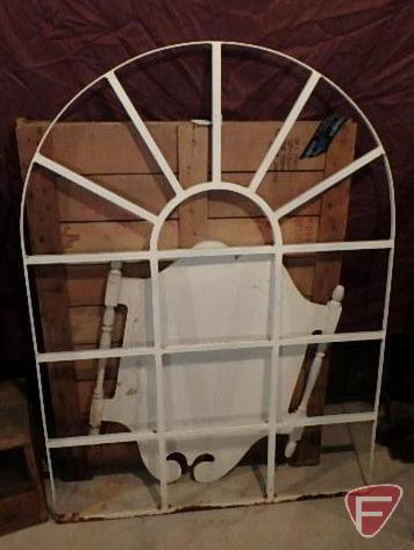Wood pallet decoration/backdrop 43inx33in, metal window frame decoration 52inHx38inW, some rust