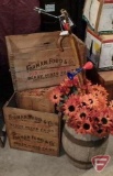 Wood boxes, wood barrel with artificial flowers, canes, misc hardware