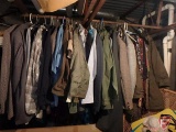 Mens military and dress clothes, ties, All items on hanging bar.