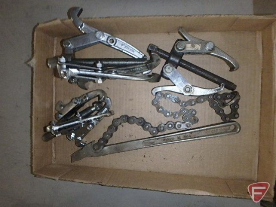 (3) gear pullers: 6in/150mm, 100mm, and KD2294; and Craftsman 12in chain wrench