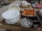 Milk glass mixer bowls, footed bowl, dish, ceramic bowl, and ashtrays