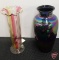 Ribbed rainbow art glass vase, has crack, and rainbow metallic glass vase, both