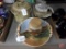 Painted centerpiece bowl with handles signed Bartlett, (2) crocks with covers, one with chip, and