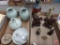 Rock, wood, and metal figurines, metal dragon ink pot, sage colored vases, Oriental design bowl,