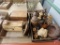 Wood items, boxes, pedestal dish, candle holders, covered jug, rustic vases, Both boxes