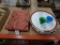 (2) porcelain platters, (2) small glass cups possibly old Chinese glass, soap set in fabric box