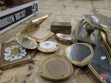 2 mirrored trays, metal toiletry items, glass perfume bottles, metal compacts