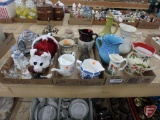 Ceramic and glass pitchers, snowman figurine, candle holder, battery operated Christmas pig,