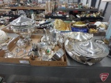 Metal warmer, flatware, creamers, tea bag holder, butter dish, coffee pot, bowls and platters