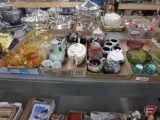 Glassware, amber, clear, green, cranberry, ceramic tea pots, blue glass insulators