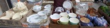 Ceramic and glass tea sets, crystal heart candy dish, Noritake snack sets, Czech dishes