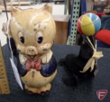 Vintage toys, 1939 metal wind-up Porky Pig, missing some pieces and wind-up seal with key, both