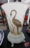 Flared Beaumont Ferlux vase with stand, heron detail, silver painting