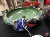 Japanese Sumida Gawa pottery bowl with 5 figures and Sumida Gawa vase, bamboo wrapped, Both