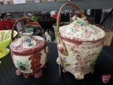 Majolica biscuit jars with bamboo handles, knob on top of both is two birds, Both